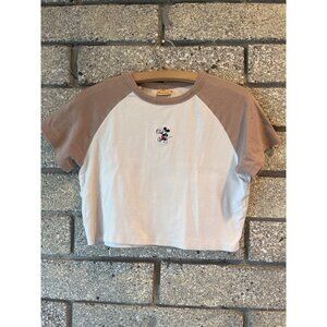 Disney Mickey Mouse Raglan Crop Top Light Brown/White Cotton Size L